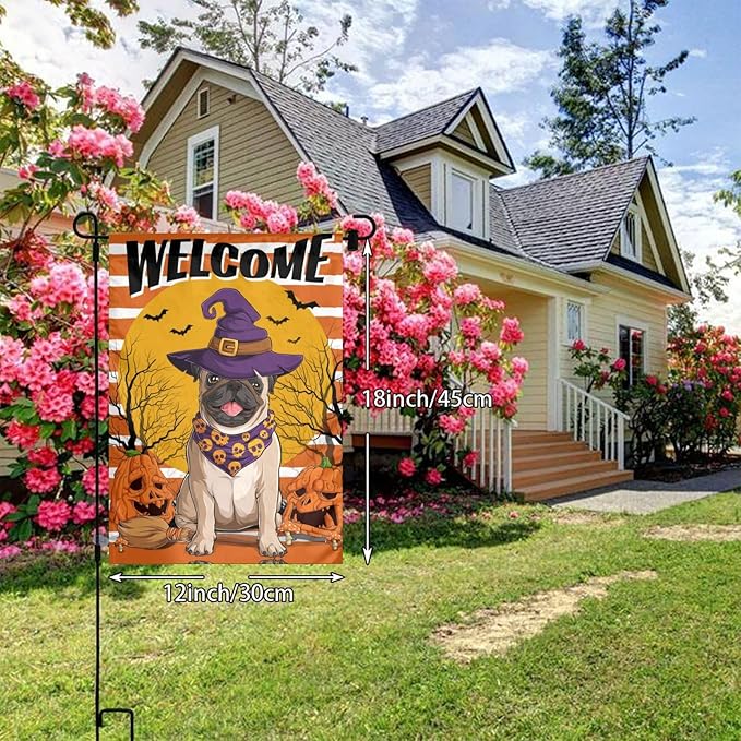 Halloween Pug Dog Pumpkin Bat Skull Garden Flag Welcome Party Outdoor Outside Decorations Picks Home House Garden Yard Decor 12x18 Inch