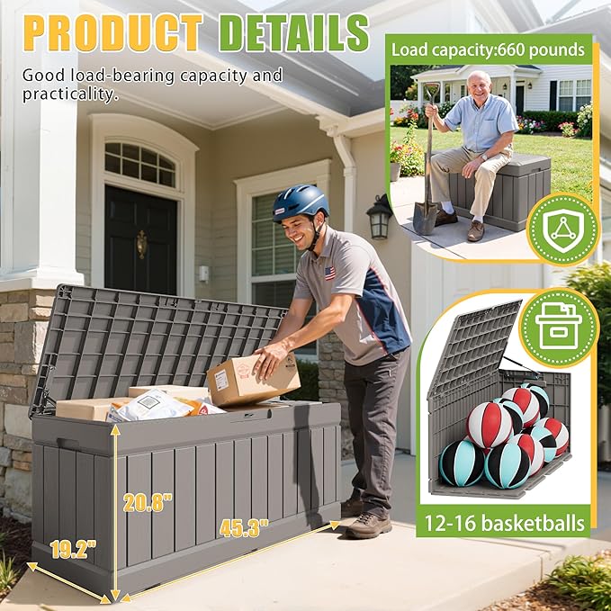 Greesum 82 Gallon Resin Deck Box Large Outdoor Storage for Patio Furniture, Garden Tools, Pool Supplies, Weatherproof and UV Resistant, Lockable, Coffee