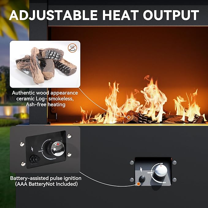 35'' Outdoor Propane Fireplace with Tank Storage, 50,000 BTU Outdoor Gas Fire Pit with CSA Certified, Dust Cover, Smokeless Ceramic Wood, Adjustable Flame for Patio, Garden, Deck, Gray/Tan