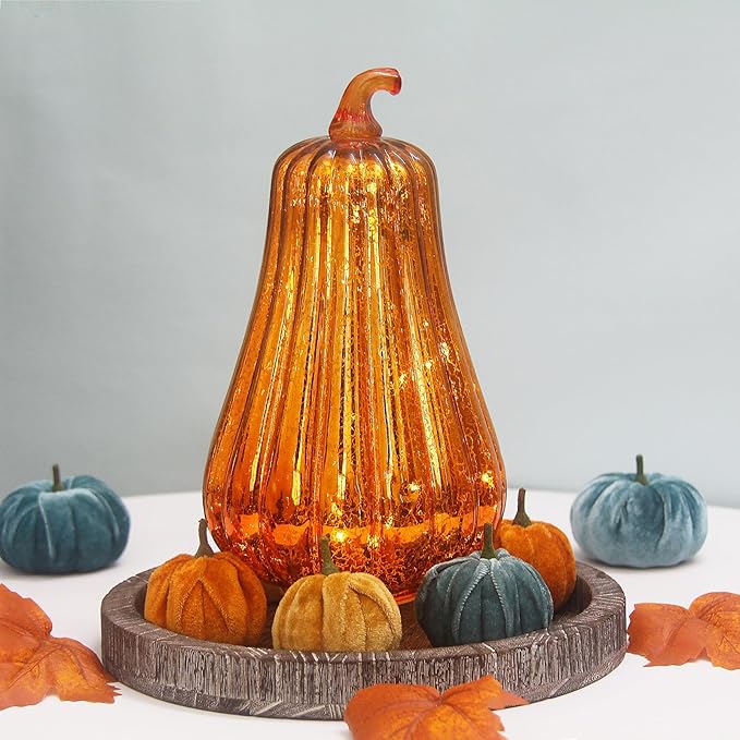 Mercury Glass Pumpkin Lights with Timer, Battery Operated Led Pumpkin Lights for Halloween Fall,Thanksgiving Rustic Decor (Gold Common, 11")