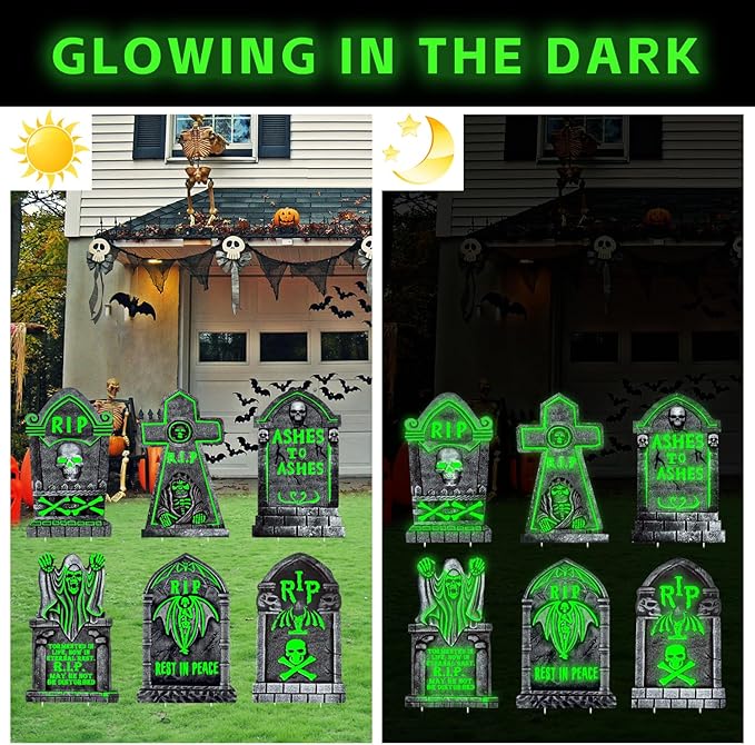 25"x16"Spooky Halloween Gravestones Yard Sign Glow in The Dark, 6Pcs Tombstones for Outdoor Yard Decor, Waterproof and Durable Cemetery Decorations for Grave, Garden and Party, Haunting Effect