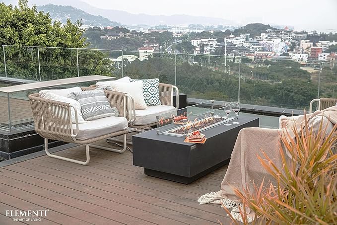 Elementi Granville Gas Fire Pit Cast Concrete Fire Table, Outdoor Fire Pit Electronic Ignition | Canvas Cover, Lava Rock Included | Free AMS Wind Guard | Dark Gray (Natural Gas)