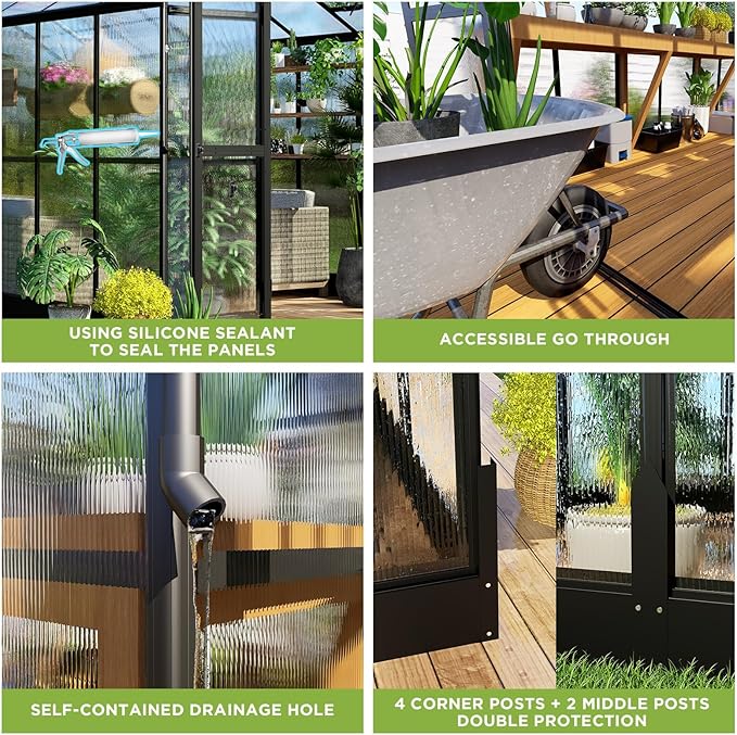 HOWE 8x16x7.5 FT Polycarbonate Greenhouse with Swing Doors, 4 Vents, 5.2FT Added Wall Height, Walk-in Large Aluminum Greenhouse for Outdoors, Black