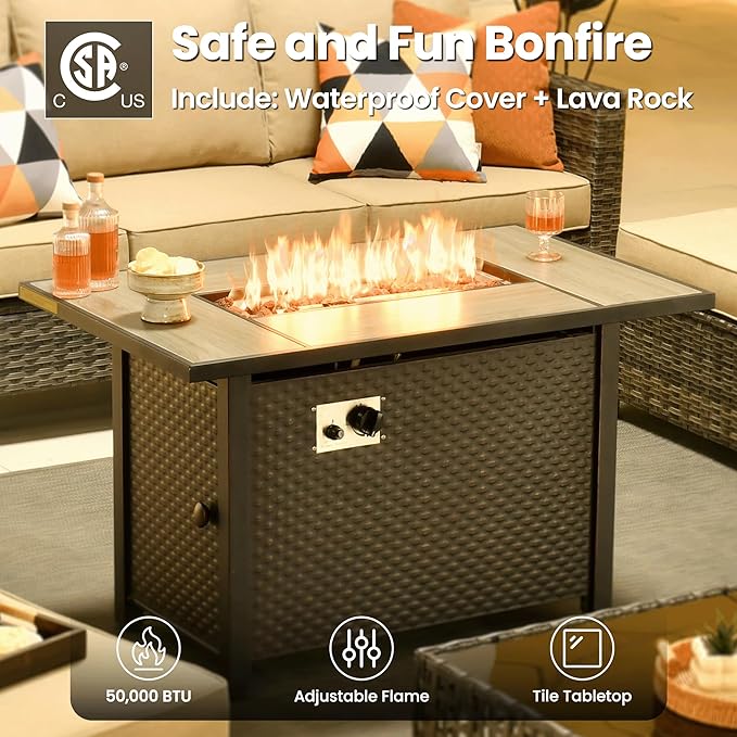 ovios 7 Pieces Patio Furniture Set with 42" Fire Pit Table, Outdoor Sofa Couch with Solar Lights Table Comfy Cushions, Modern Deep Seat Wicker Rattan Conversation Set, Beige