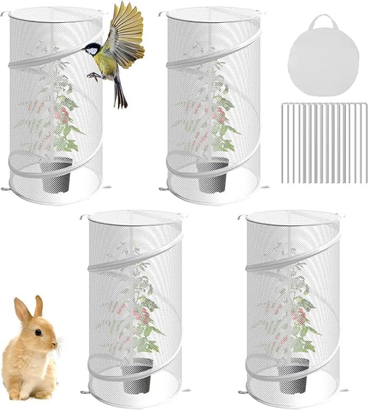 4 Pcs Pop-Up Insect Barrier Plant Cover Net - 19.6" x 11.8" Round Foldable Mesh Plants Enclosures, Garden Plant Protectors with Stakes & Carry Bag