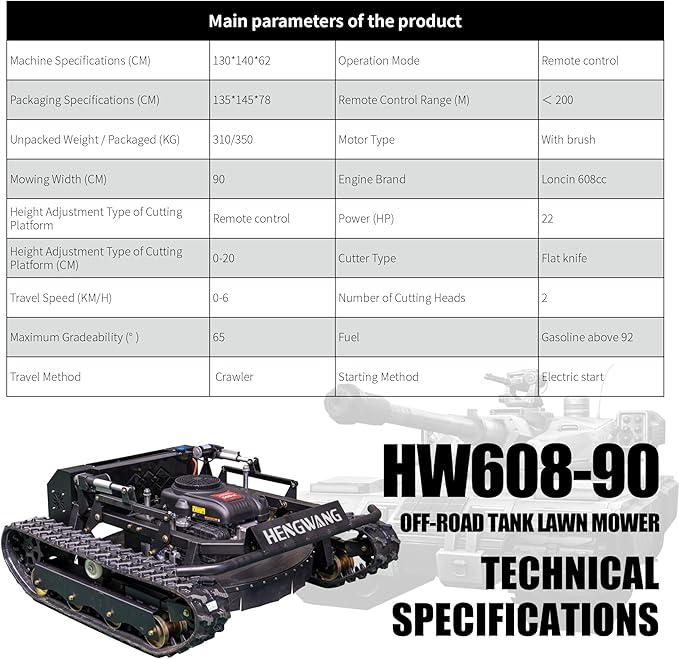 Robotic Remote Control Lawn Mower 22HP 65° Climbing Adjustable Mowing Height Track Drive All Terrain Grass Cutter Yard Mower (HW 608 90L)