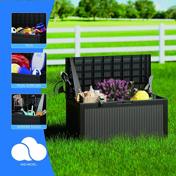 100 Gallon Deck Box, Resin Outdoor Indoor Waterproof Storage Box, Lockable Storage Box With Handle for Patio Furniture - Garden Tools - Swimming Pool Tools UV-Resistant, Black