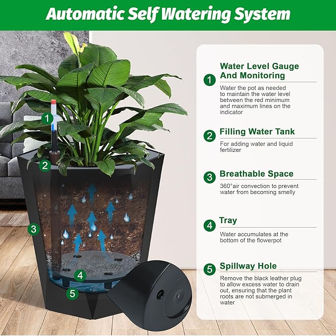 16 Inch Tall Outdoor Planters Set of 2, Self Watering Pots for Indoor Plants with Water Level Monitor & Drainage Hole & Wheels, Large Planter Pots for Garden, Patio, Balcony, Black
