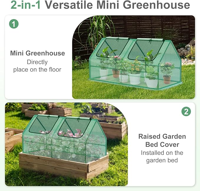 Aoodor 4 x 2 x 2 ft Mini Greenhouse with 2 Zipper Doors, Water Resistant, UV Protected for Flowers, Vegetables and Herbs, Green