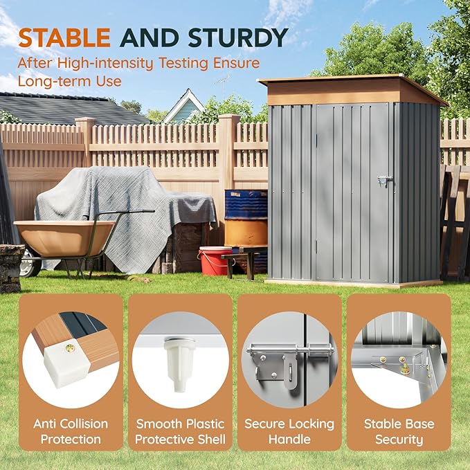 5x3FT Multi-Used Shed & Outdoor Storage Shed with Floor Frame, Lockable Doors, Compact Metal Tool Shed for Garden, Backyard, Patio, Utility, and Various Storage(Matte Gray)
