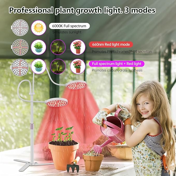 Super-Energy Tabletop LED Grow Lights 9.8"-32"Height Adjustable for Indoor Small/Medium Plants 6000K Full Spectrum with 3 Dimmable Model, Auto On Off Timing 3 9 12Hrs, 5 Brightness(Puck White)