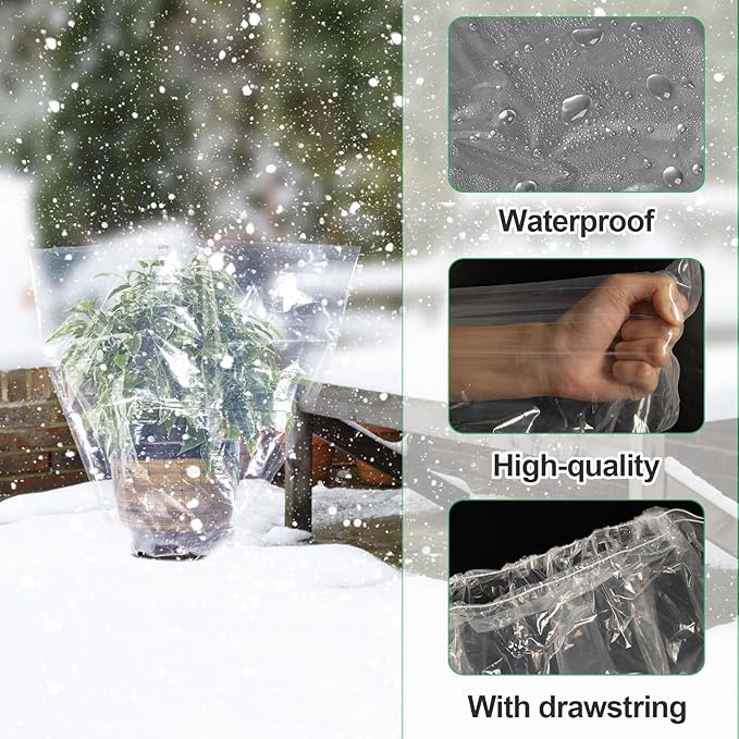 ANPHSIN 6 Pcs Winter Plant Cover Freeze Protection - 23.6" x 31.5" Plastic Plant Frost Bags with Drawstring, Transparent Waterproof Plant Shelter Coverings for Outdoors Garden Potted Plants