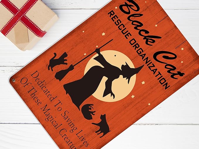 Halloween Decor Black Cats Rescue Metal Sign Vintage Tin Sign Party Decoration Gothic Room Decor 8X12 Inch