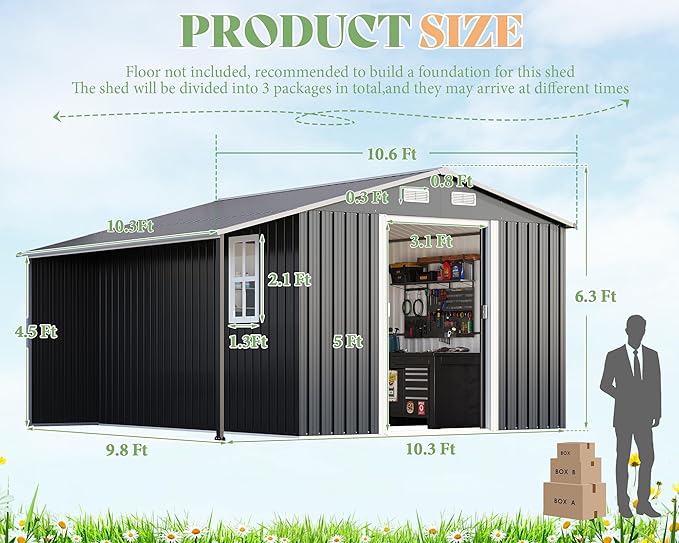 AMERLIFE 10.6x10.3x6.3 FT Galvanized Metal Storage Shed with Open Firewood Bay, Sliding Doors & Ramp, 2 Windows & Vents, Weather-Resistant Outdoor Tool/Garden Shed, Dark Gray