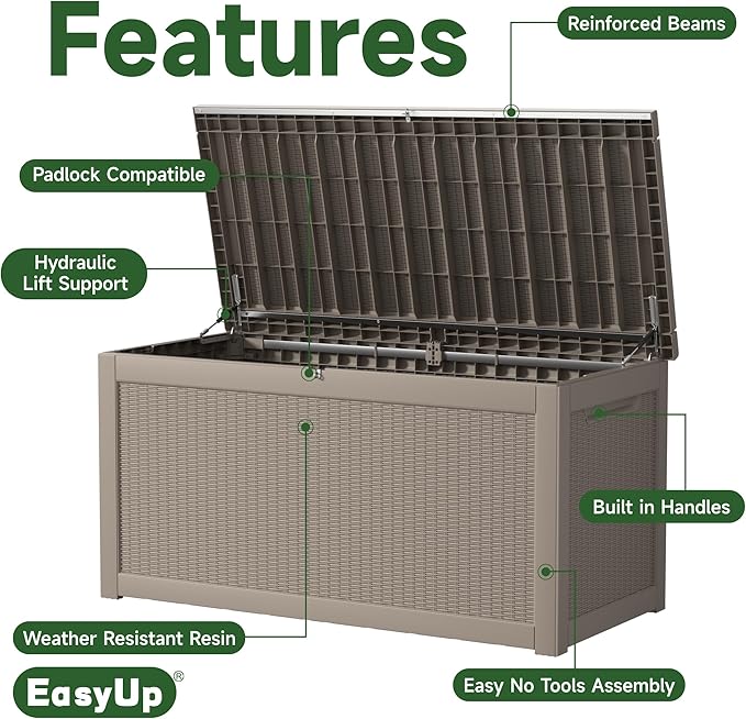 260 Gallon Outdoor Storage Box Waterproof, UV Resistant Resin Deck Box with Hydraulic Rod, Reinforced Stability for Patio, Garden, Rattan Gray