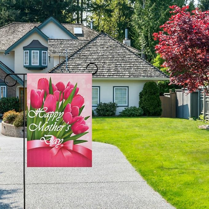 Kcldeci Happy Mother's Day Hoiliday Welcome Garden Flag 12x18 Inch Red Tulips for Mom Yard Flags Large Vertical Double Sided House Flag Seasonal Outside Decor for Yard Farmhouse