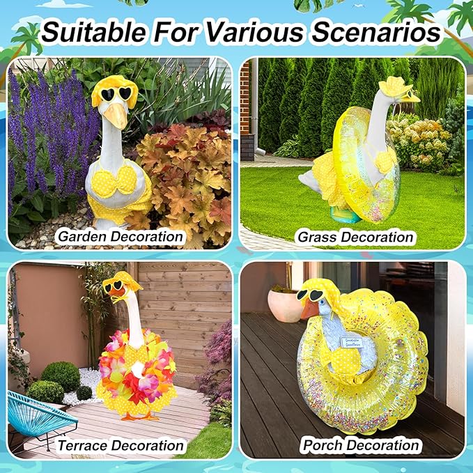 6 Pcs Porch Goose Outfits Summer Hawaiian Bikini Yard Garden Lawn Goose Clothes for Plastic Cement Goose Statue 17” 23" Funny Porch Goose Costume Accessories Set for Patio Outdoor Decoration
