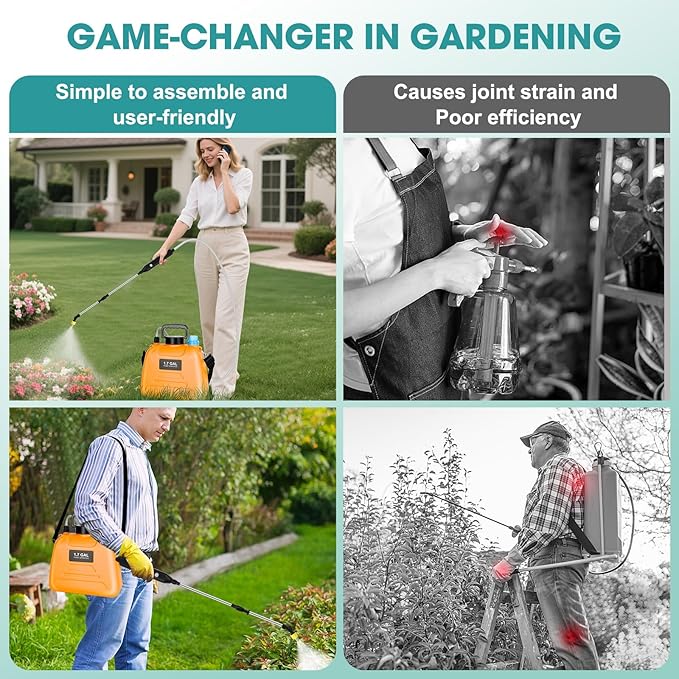 Electric Pump Sprayer - Backpack Garden Sprayer, 4 Mister Nozzles, Retractable Wand, Shoulder Strap - Weed Sprayer for Lawn, Yard Care & Spring Time Planting (Orange)