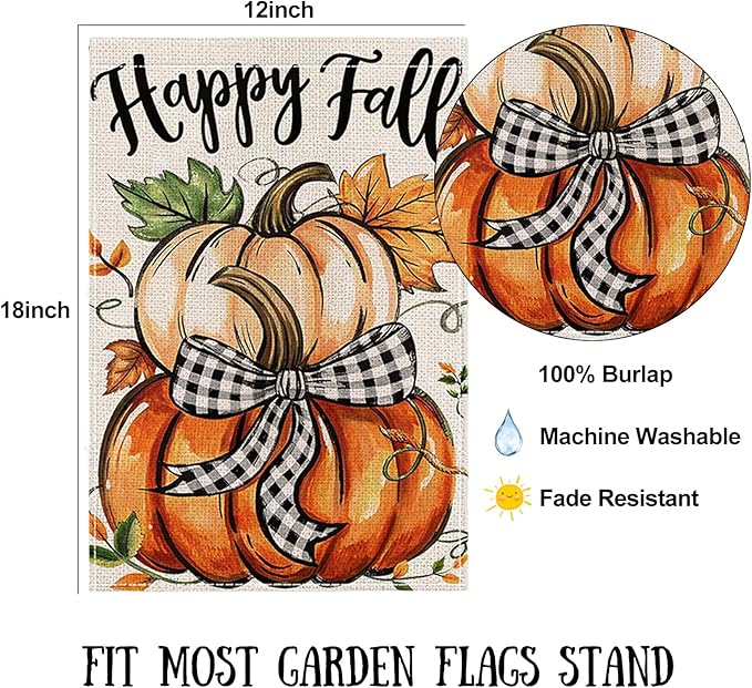 Fall Garden Flag 12 x 18 Inch Double Sided Cute Pumpkin Maple Leaves Designs Autumn Burlap Yard Flag for Outside Rustic Yard Outdoor Holiday Home Decoration