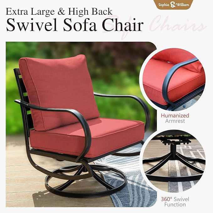 Sophia & William 2 Pieces Patio Furniture Sets Metal Sofa Chairs Patio Cushion Armchairs Swivel Sofa Chairs with Removable Cover for Garden Backyard Poolside Red