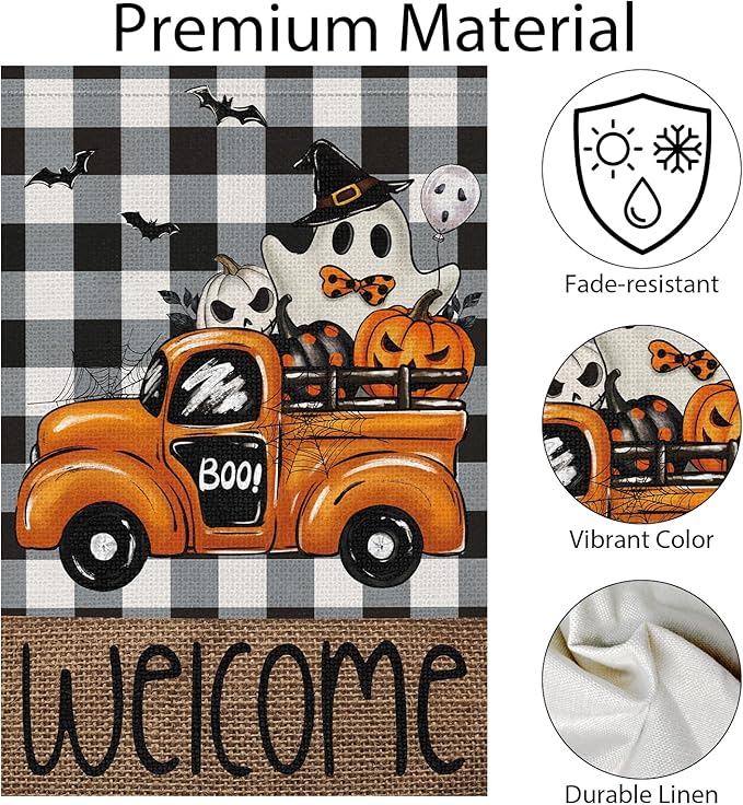 Welcome Halloween Garden Flag 12x18 Inch Double Sided for Outside，Buffalo Plaid Rustic Ghost Pumpkin Truck Flag Farmhouse Yard Outdoor Decoration