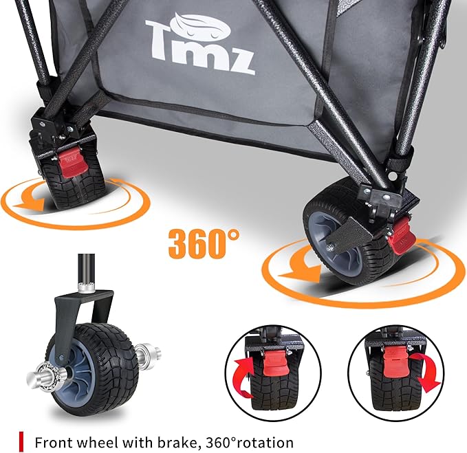 TMZ Collapsible Wagon 445L Extra Large Outdoor Utility Cart, Heavy Duty Carts Foldable with All-Terrain Big Wheels, Canopy and Brakes, Utility Beach Wagon for Outdoor Garden (Gray)