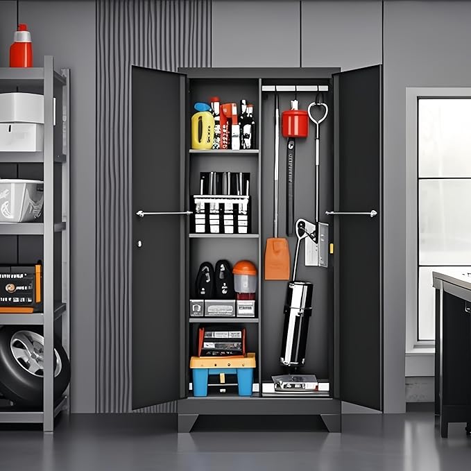 71" Outdoor Storage Cabinet – Heavy-Duty Lockable Metal Shed with Ventilated Doors, Perforated Stainless-Steel Bottom, Hanging Rod & Hooks, Easy Assembly