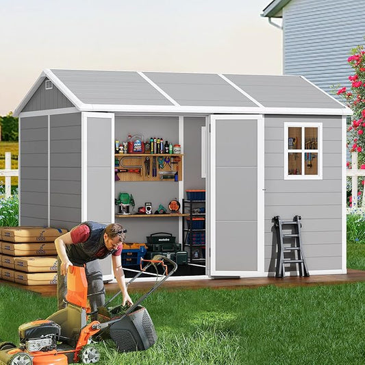 10x8 FT Resin Outdoor Storage Shed with Floor, Weather-Resistant Plastic Garden Shed with Windows, Lockable Door and Vents, Outside Tool Storage Sheds for Backyard, Garden, Patio, Lawn, Grey