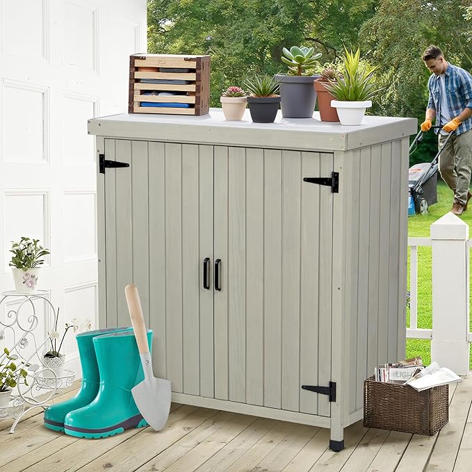 Outdoor Potting Bench with Metal Work Top,Waterproof Garden Storage Cabinet,Wooden Tool Station Shed for Backyard,Patio,Lawn Gardening