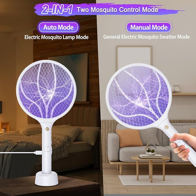 Electric Fly Swatter Racket 3000V Bug Zappers 2 in 1 Mosquito Zappers USB Rechargeable, 1200mAh Mosquitoes Killer Lamp & Fly Zappers with 3 Layer Safety Mesh for Home, Bedroom, Kitchen, Patio (2 Pack)