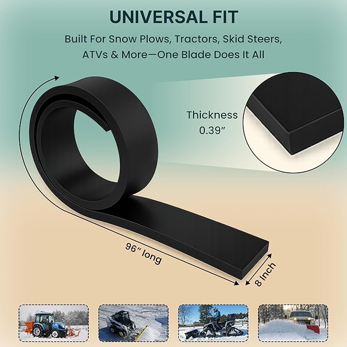 SIMOND STORE - Rubber Snow Plow Cutting Edge – Heavy Duty 96" x 8" x 0.39" Snow Plow Deflector Smooth & Surface-Safe Snow Clearing - Fit for ATV, Tractors,Skid Steers & UTVs Snow Pusher Cutting Edge