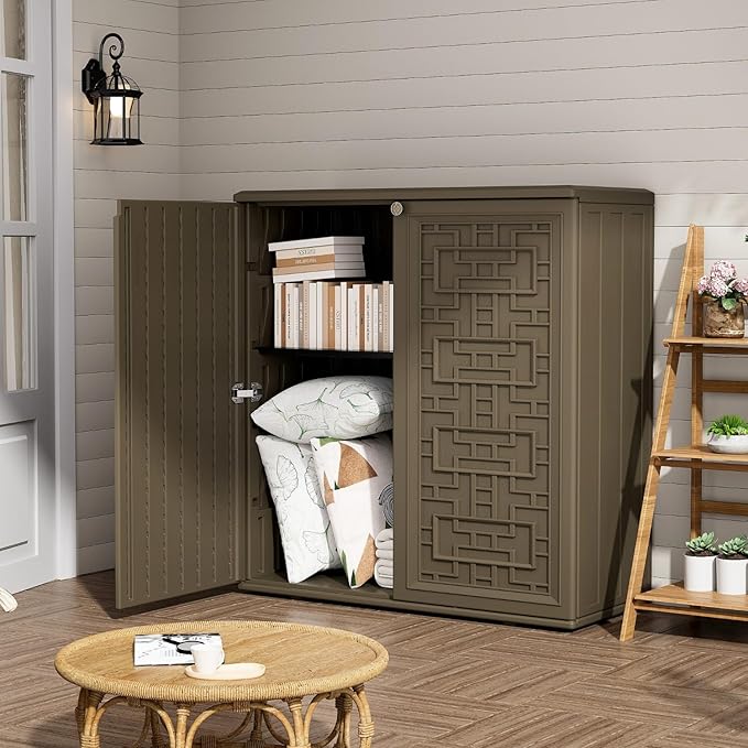 ZZM HDPE Outdoor Storage Shed, Outdoor Plastic Storage Cabinet, Horizontal Resin Tool Shed for Garden, All Weather Outdoor Storage Clearance, DIY Usage, with one Shelf (Coffee)