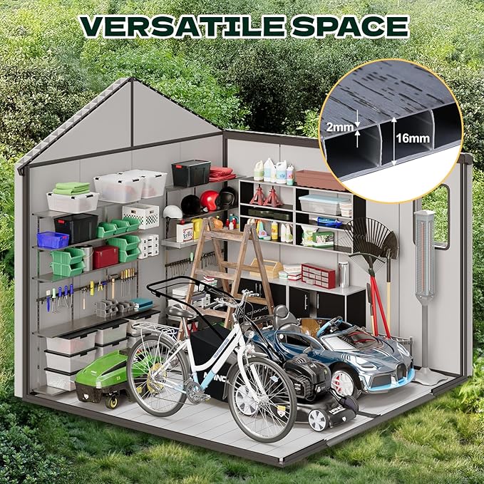 MELLCOM 8 x 8 FT Resin Storage Shed with Floor, Outdoor Storage Tool Shed with Windows and Lockable Door for Pool Supply, Bike, Lawnmower