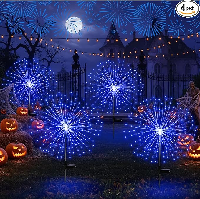 4 Pcs Halloween Solar Lights Outdoor Christmas Firework Light 180 LEDs 8 Modes Waterproof Sparkler Yard Decoration Stake Landscape Decorative for Garden Driveway Walkway Pathway Lawn (Blue)
