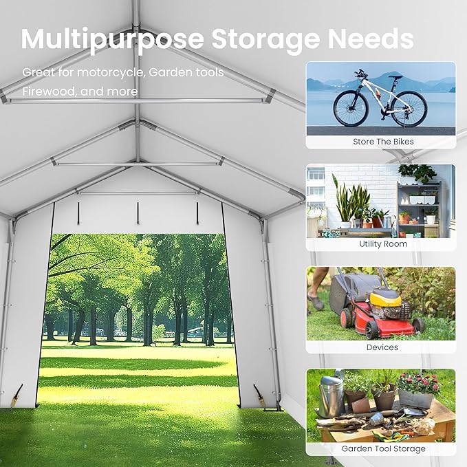 PHI VILLA 10'X15'*8.7' Outdoor Portable Storage Shelter Shed Garage with 2 Roll up Zipper Doors & Vents Carport for Motorcycle Waterproof and UV Resistant Anti-Snow Portable Garage Kit Tent, Gray