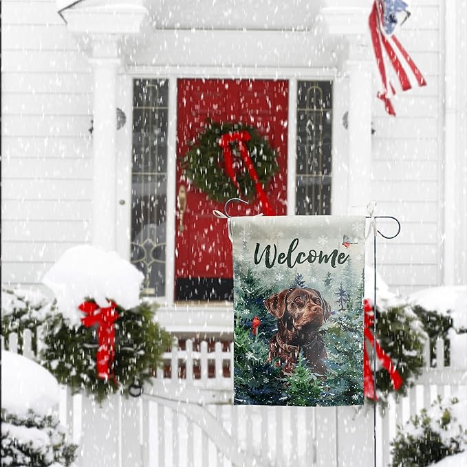Welcome Winter Garden Flags Chocolate Lab Garden Flag Cardinal Birds on Snowy Pine Tree Flag Labrador Dog Yard Flags for Outside 12x18 Double Sided Christmas Decorative Lawn Flags