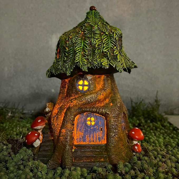 COWOS Solar Light Fairy Tree House, Fairy Garden House Statues,Tree House Figurines with Solar Light for Indoor Outdoor Art Decorations, Patio Yard Lawn Ornaments Gift