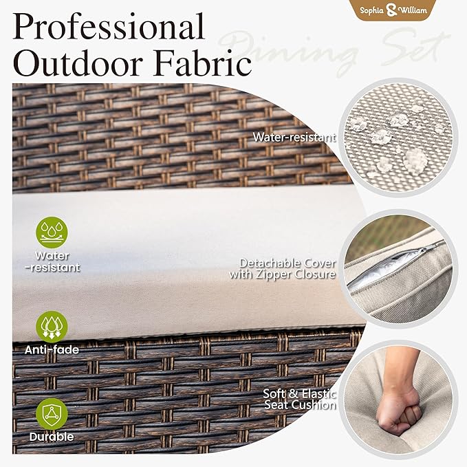 Sophia & William 9 Pieces Patio Dining Set for 8, All Weather Square Outdoor Table with Umbrella Hole, 8 Rattan Chairs with Cushions, Large Patio Table and Chairs Set for Outside, Black Tabletop