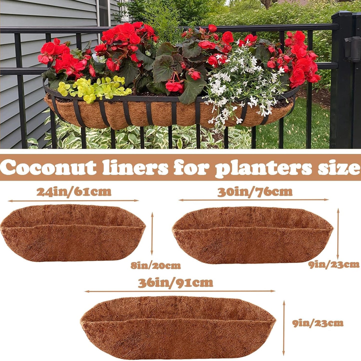 3 Pack Trough Coco Liner 24/30/36 Inch Hanging Basket Liners 100% Natural Coconut Husk Liners for Planters Window Box Planter Inserts for Large Pots Trough Planters Outdoor Garden Decoration