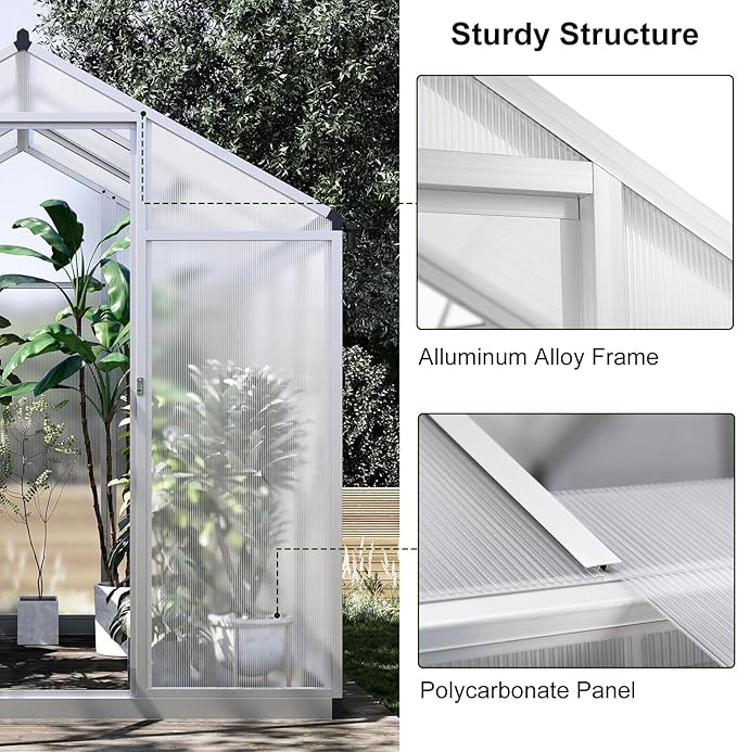 6x6.25FT Greenhouse,Easy Assembly Aluminum Polycarbonate Walk-in Greenhouse with Roof Vent,Large Outdoor Garden Green House,Backyard,White