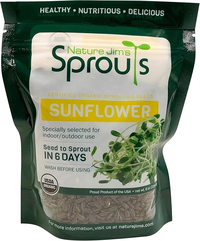 Nature Jims Sprouts Sunflower Seed - Certified Organic Black Oil Sunflower Sprouts for Soups - Raw Bird Food Seeds - Non-GMO, Chemicals-Free - Easy to Plant, Fast Sprouting Sunflower Seeds - 8 Oz