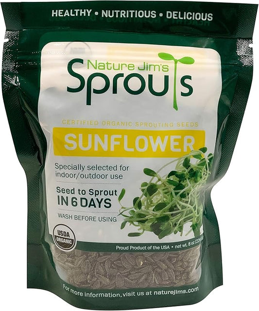 Nature Jims Sprouts Sunflower Seed - Certified Organic Black Oil Sunflower Sprouts for Soups - Raw Bird Food Seeds - Non-GMO, Chemicals-Free - Easy to Plant, Fast Sprouting Sunflower Seeds - 8 Oz