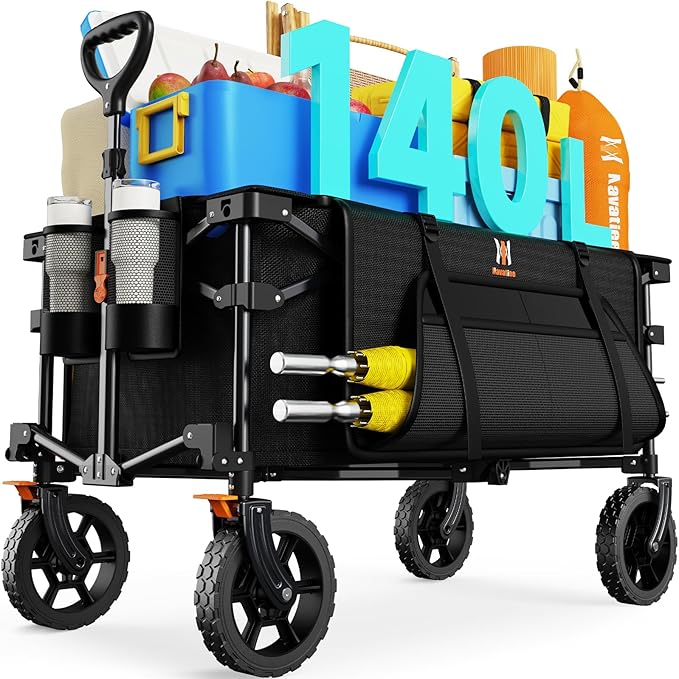 Navatiee 140L Collapsible Foldable Wagon with Wheels, Large Capacity Foldding Wagon Cart with Side Pocket and Brakes, Grocery Shopping Cart for Garden Outdoor Use, Black