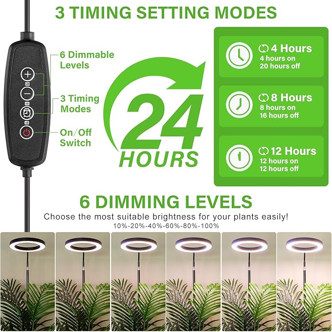LORDEM Grow Light for Indoor Plants, Full Spectrum Plant Light with Auto Timer for 4/8/12H, 7.9" Diameter Growing Lamp with 108 LEDs, 4 Dimmable Levels, Adjustable Stand 24"-67"