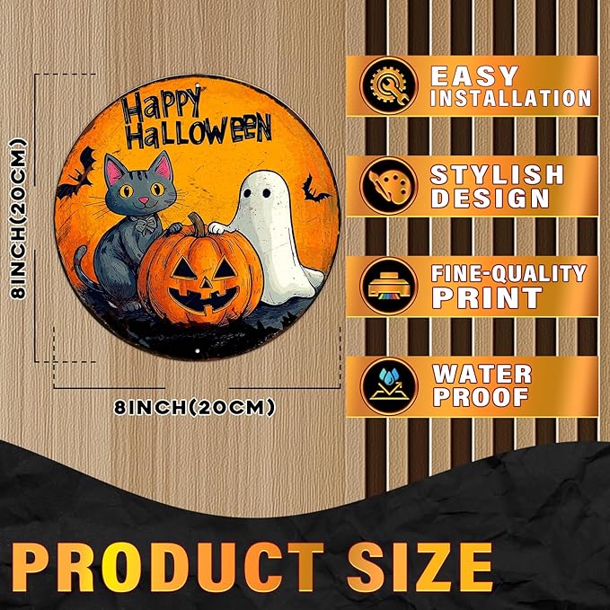 PEACHGARDEN Round Halloween Black Cat Vintage Sign Happy Halloween Pumpkin Metal Tin Sign for Home Bar Kitchen Hotel Dining Room Coffee 8x8inch