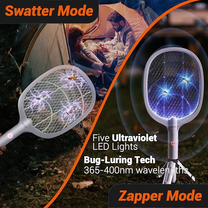 Electric Fly Swatter Racket, Rechargeable Fly Zapper - 4000 Volt, Exclusive 2-in-1 Bug Zapper Racket - USB Charging, 1800mAh Li-Battery, Indoor & Outdoor Use, White, 2 Packs