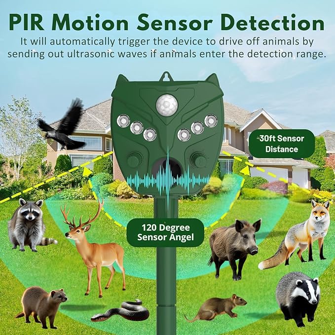 2 Pack NAVISOVL Solar Ultrasonic Animal Repellent Outdoor Cat, Squirrel, Deer Repeller, Motion Sensor&Flashing Light, Repel Dogs,Boar,Deer,Fox,Raccoon,Skunk,Rabbit,Bird Deterrent for Yard&Farmland