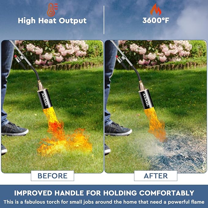 Propane Torch Weed Burner,Blow Torch,Heavy Duty,High Heat Output,Flamethrower with Turbo Trigger Push Button Igniter and 10 FT Hose for Roof Asphalt,Ice Snow,Road Marking,Charcoal(Black)