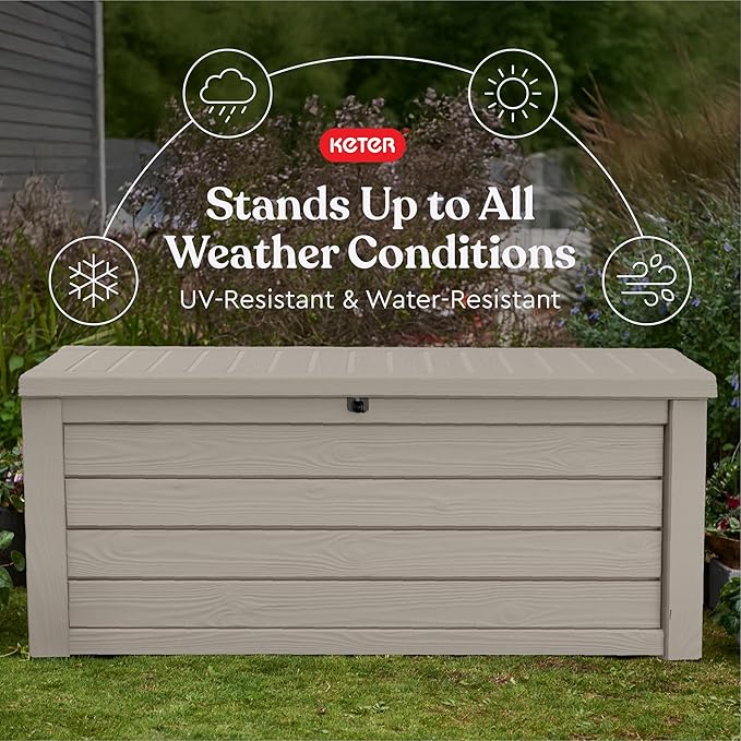 Keter Westwood 150 Gallon Resin Large Outdoor Storage Box for Patio Furniture, Outdoor Cushions, Garden Tools and Pool Floats, Beige