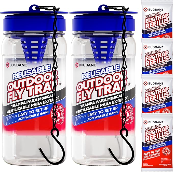 2 Fly Traps Outdoor Fly Trap for Patio with 4 Non-Toxic Dissolvable Bait Refills. Reusable Hanging Bug Catcher Killer for All Filth Flies for Outside Bug Control Yard Ranch. Hanging Chains Included
